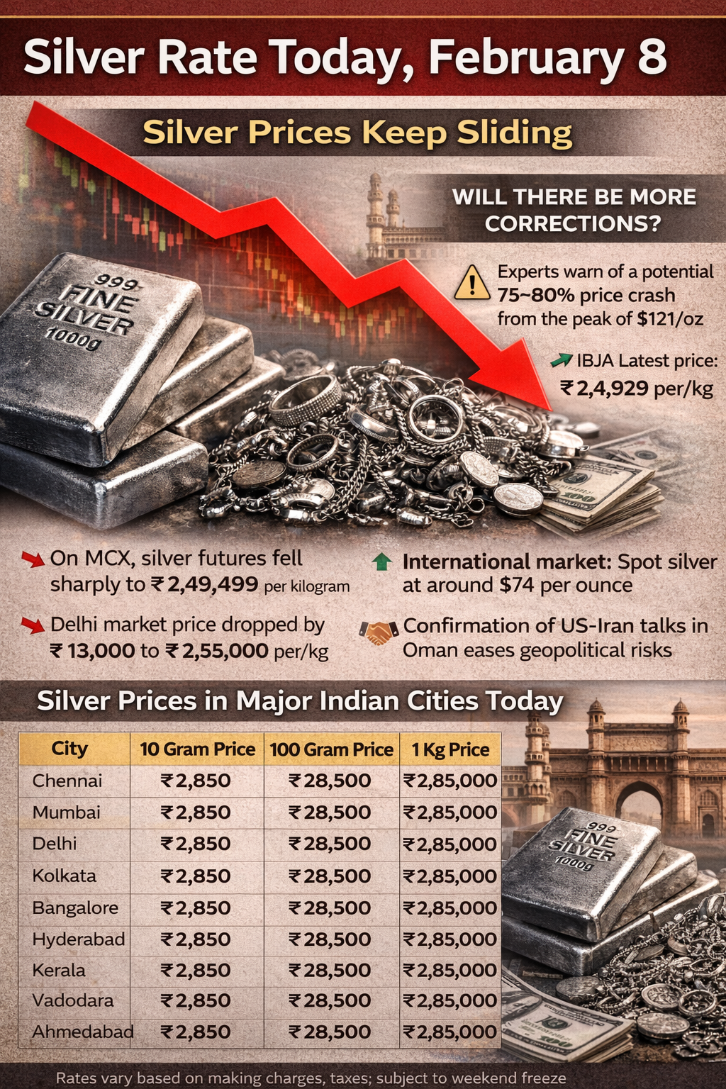 Silver Rates Today, February 8: Silver Loses Safe-Haven Shine as Experts Flag Up to 80% Fall; Check Rates In Bengaluru, Chennai, Hyderabad, Mumbai, Delhi