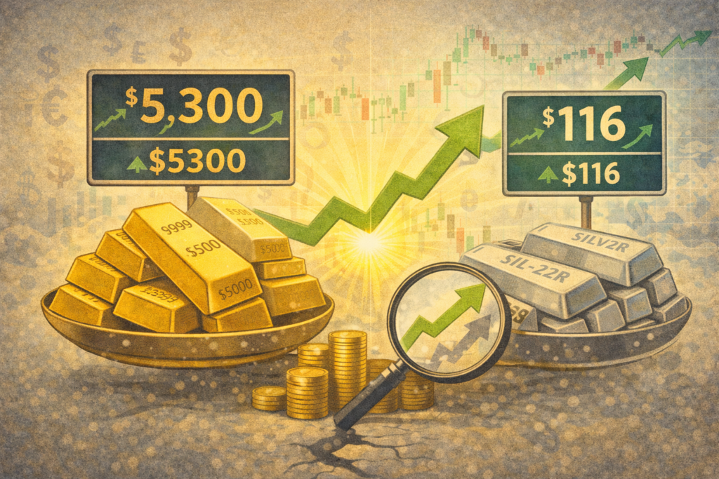 Precious metals rally continues with gold nearing $5,300, silver topping $116