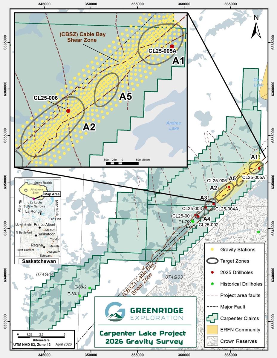 Greenridge Exploration Initiates Ground Gravity Survey at the Carpenter Lake Uranium Project, Athabasca Basin Area