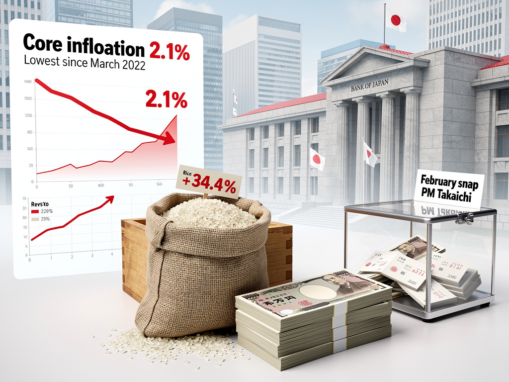 Japan’s Inflation Eases to 2.1%, Rice Surge Threatens Takaichi’s Snap Election Gambit